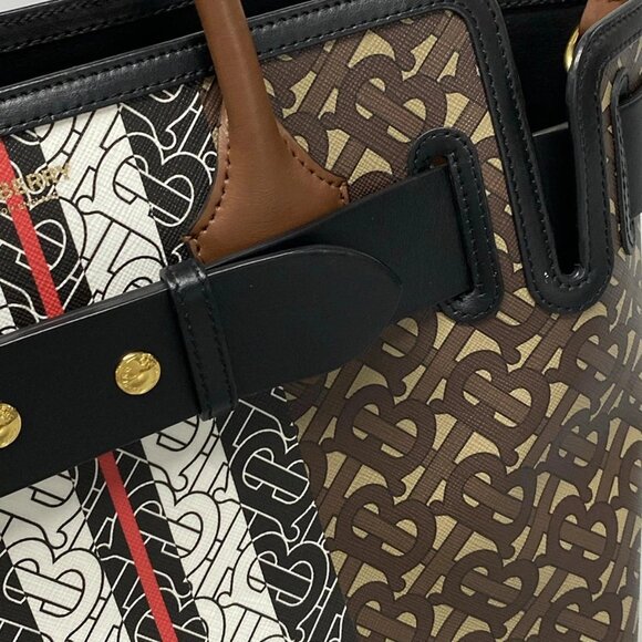 Auth BURBERRY LONDON ENGLAND Canvas Monogram Stripe Belt Tote Beige Dark Brown - Picture 11 of 16